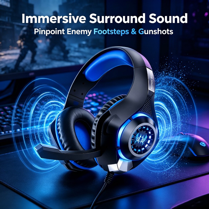 Gaming Headset With Mic Rgb - LED-Gaming-Kopfhörer mit Mikrofon, RGB Over-Ear-Headset, Stereo-Surround-Sound,